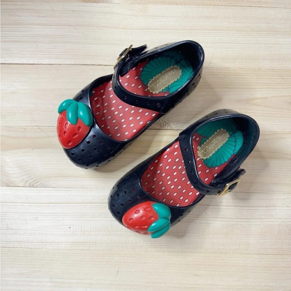 Mini Melissa Strawberry Sandel Size 6. Navy Mary Jane Fruit Shoes Cute Summer